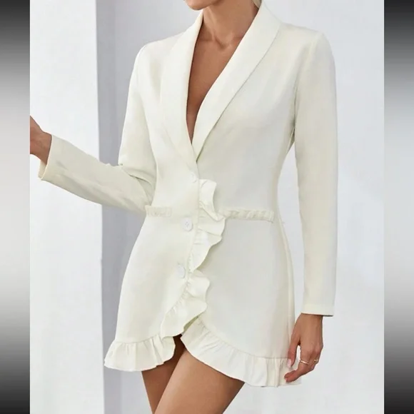 Off white v neck ruffle hem button front mini blazer dress - Picture 2 of 6